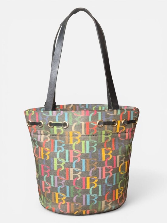 VTG Dooney & Bourke Rainbow Monogram Drawstring Tote B6877932 Black Leather 80s - Picture 4 of 9